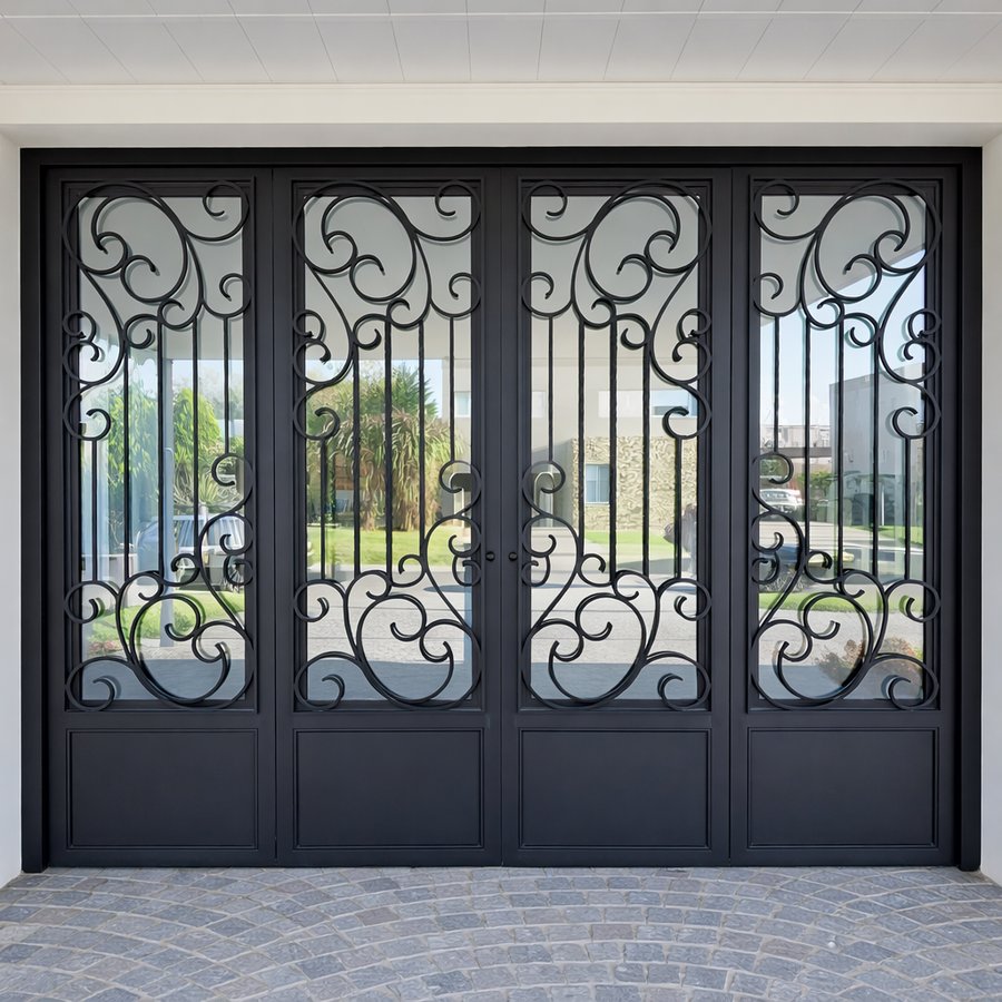 Portón abatible de hierro forjado con arabescos artesanales